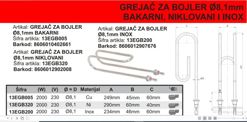 GREJAČ BOJLERA INOX 2000W8,1mm