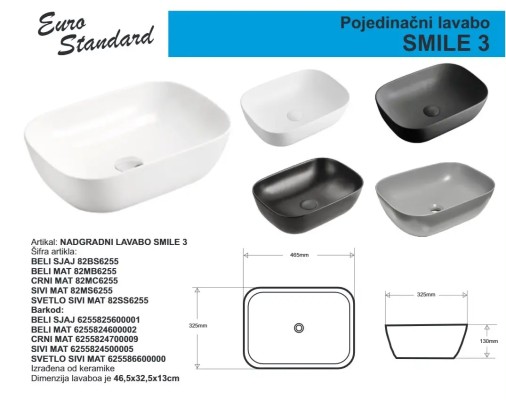 LAVABO SMILE 3 E-6255 CRNI MAT