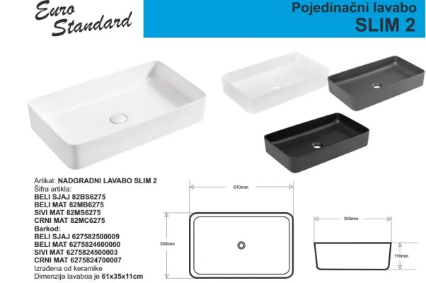 LAVABO SLIM 2 E-6275 CRNI MAT
